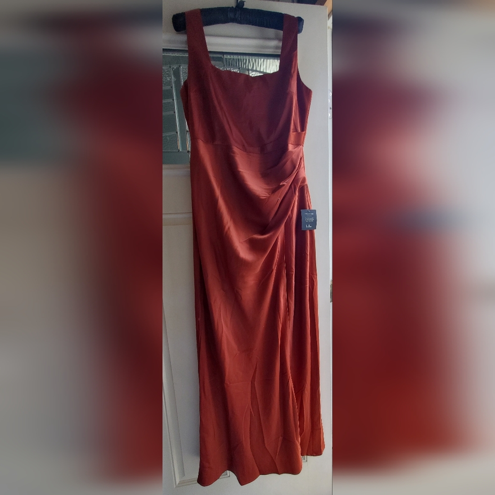 NWT Lulus Red Carpet Romance Rust Orange Satin Square Neck Maxi Dress sz XL